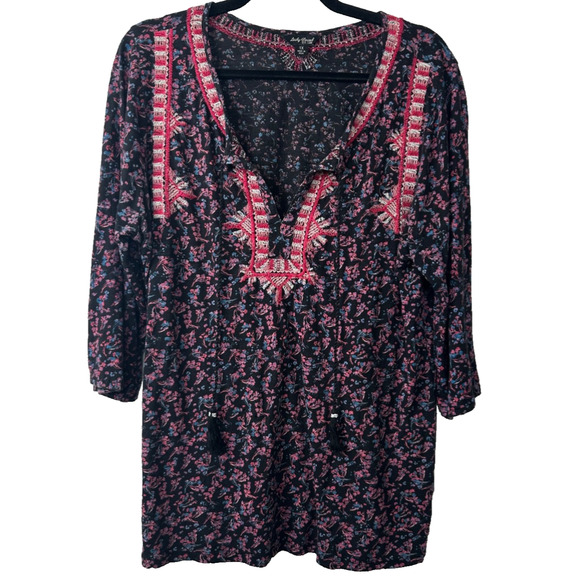 Lucky Brand Tops - Lucky Brand Tunic Top Women 1X Embroidered Boho Peasant Hippie Tassle Floral A25